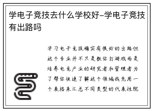 学电子竞技去什么学校好-学电子竞技有出路吗